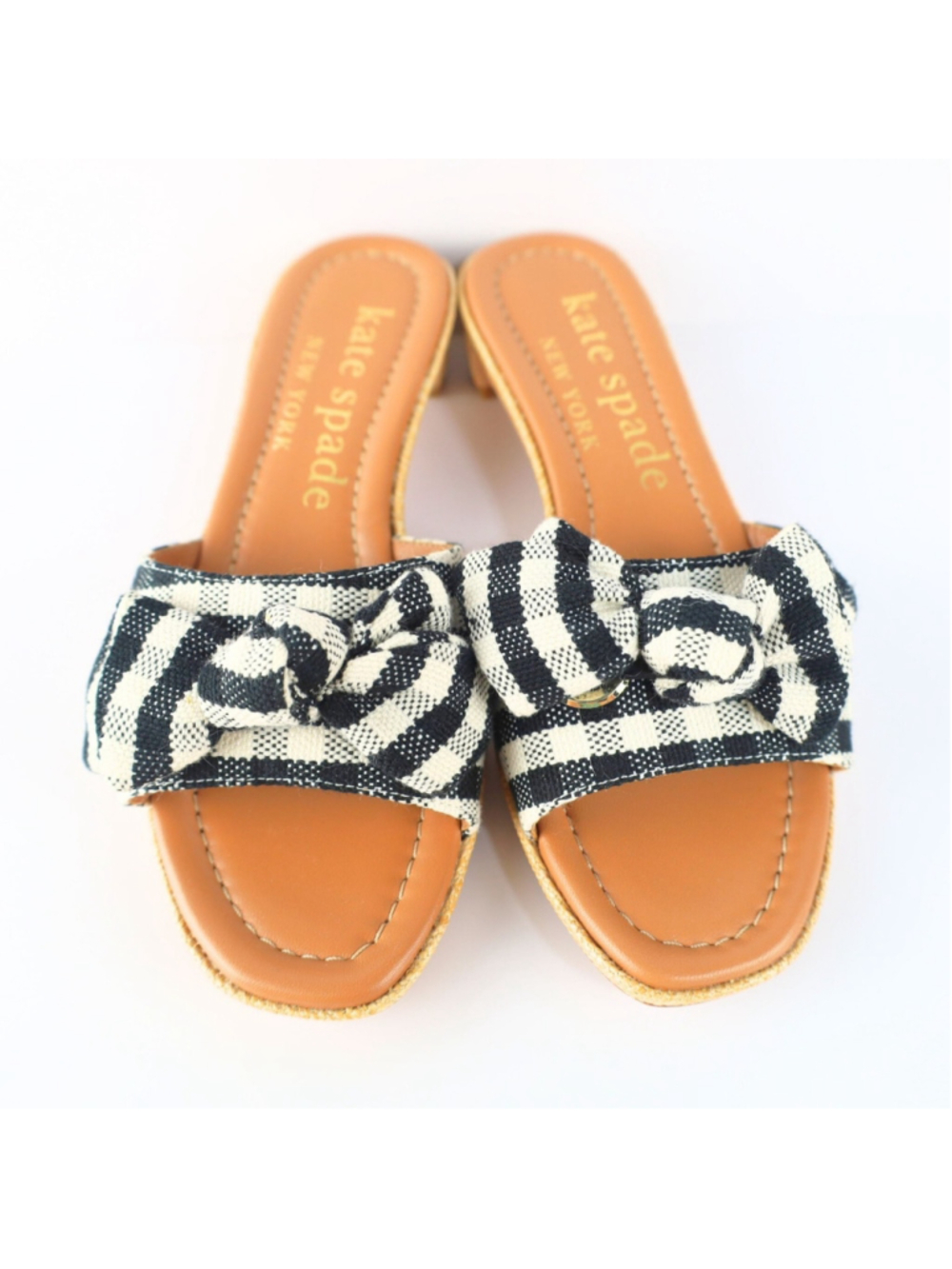 Lilah Gingham Knotted Bow Slide Sandals Black/White 6 B - Picture 2 of 11